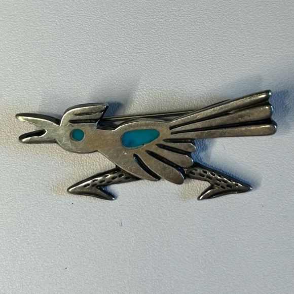 Vintage Unmarked Sterling Silver Native Turquoise Inlay Roadrunner Pin Brooch - Picture 1 of 5